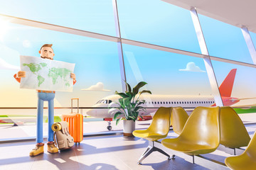 Cartoon character tourist holds world map in hands in airport. 3d illustration.
