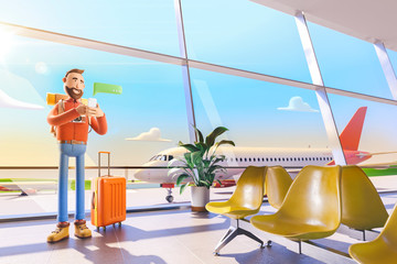 Cartoon character tourist writes a message on the phone in airport. 3d illustration.