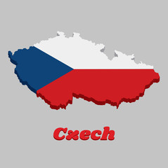 Obraz premium 3D Map outline and flag of Czech Republic, two equal horizontal bands of white (top) and red with a blue isosceles triangle based on the hoist side.