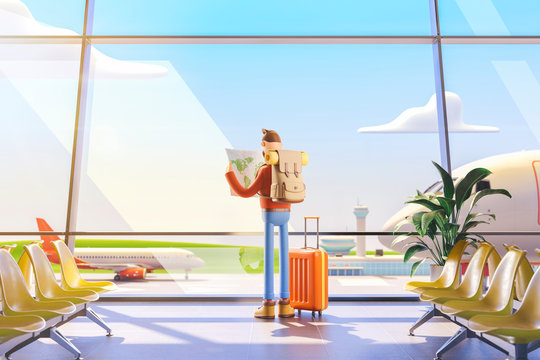 Cartoon character tourist holds world map in hands in airport. 3d illustration.