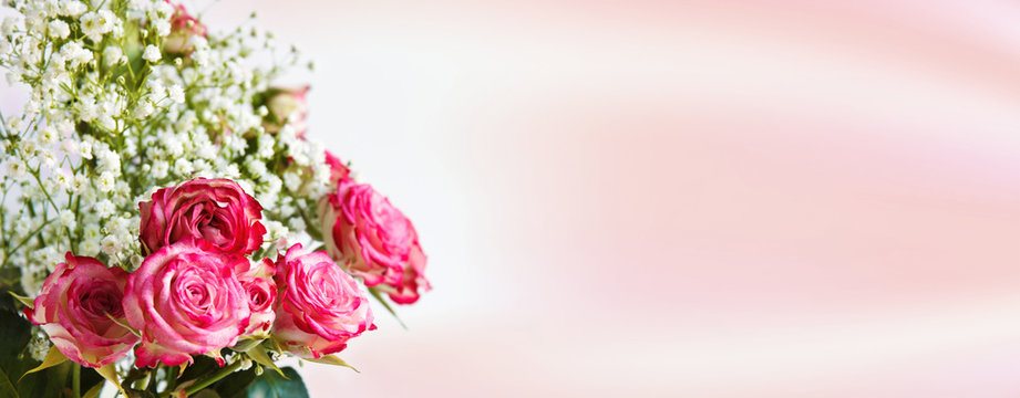 delicate bouquet of roses banner with copy space