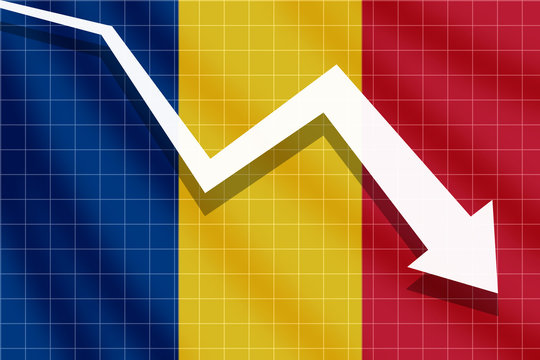 White Arrow Fall Down On The Background Of The Flag Romania, Economy Concept