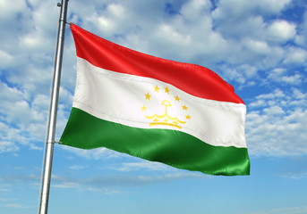 Fototapeta na wymiar Tajikistan flag waving sky background 3D illustration