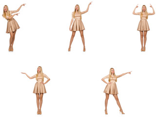 Beautiful woman in golden dress isolated on white 