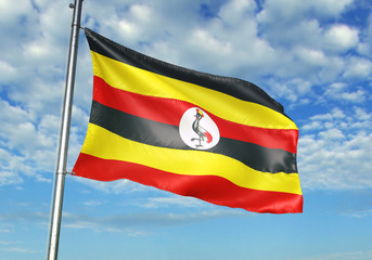 Uganda flag waving sky background 3D illustration