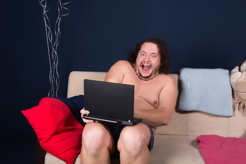 Pleasure. Funny fat man and laptop.