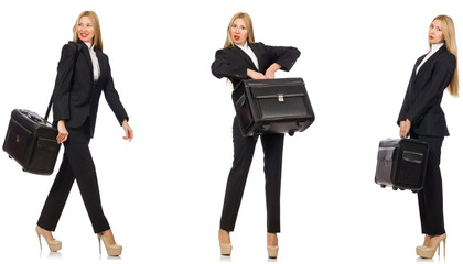 Businesswoman with suitcase isolated on white 