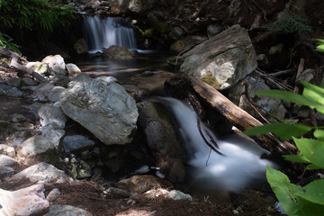 A small waterfall in Limekiln State park, Big Sur cascades through rocks covered in moss