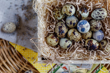 Obraz premium Eggs of quails in a basket on a straw substrate. Spring day. Festive easter mood.