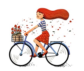 redhead girl with flowers riding a vintage bike