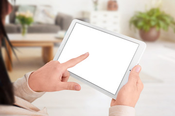 Woman touch isolated tablet screen. Tehnology mobile concept for app, web site presentation....