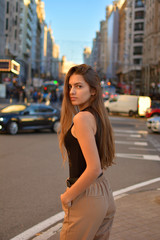 Fototapeta premium Woman enjoy the walk on Madrid Gran Via street and doing shopping