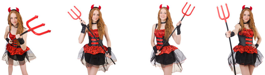 Woman devil with trident on white