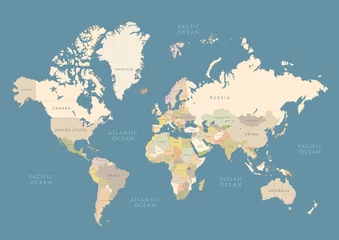 Papier Peint photo Lavable Carte du monde Carte du monde très détaillée avec étiquetage. pays de couleur différente