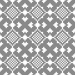 Cross stitch. Black and white seamless pattern. Embroidery, knitting. Abstract geometric background. Ethnic ornaments.
