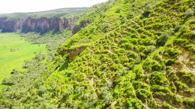 Aerial of cliffs and mountains in Hell's Gate National park, Rift Valley, Kenya, Africa.