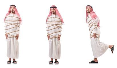 Arab businessman tied up with rope on white