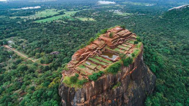 Sigiriya Lion's Rock of Fortress in the middle of the forest in Sri Lanka island