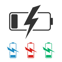discharged battery icon on a gray background in different colors. Blue red and green symbols