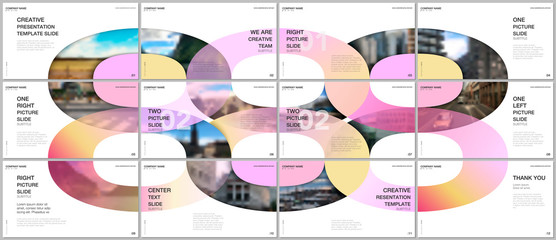 Obraz premium Minimal presentations design, portfolio vector templates with circle elements on black background. Multipurpose template for presentation slide, flyer leaflet, brochure cover, report, advertising.