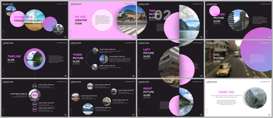 Minimal presentations design, portfolio vector templates with pink colorful circle elements on black background. Multipurpose template for presentation slide, flyer leaflet, brochure cover, report.