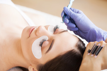 Fototapeta premium Eyelashes extensions. Fake Eyelashes. Eyelash Extension Procedure. Professional stylist lengthening female lashes. Master and a client in a beauty salon