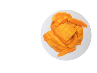 Delicious ripe mango in white plate isolate on white background.