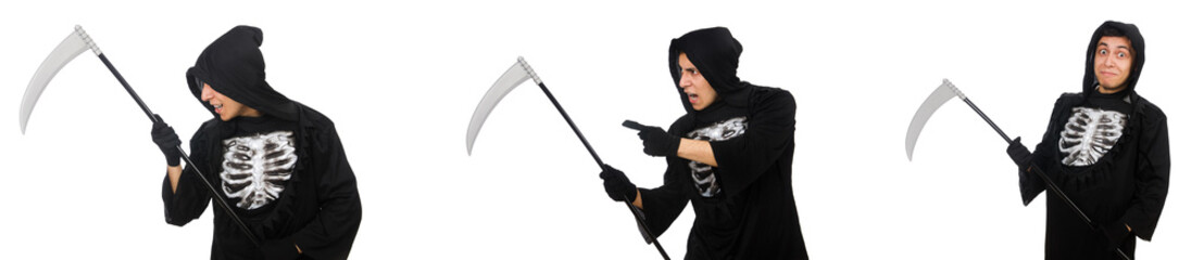 Young man with scythe in halloween concept 