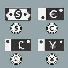 Dollar, Euro, Pound and Yuan currency icons. Paper and metal USD, EUR, GBP and CNY money sign symbols. Flat icon pointers.