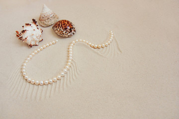 Pearl necklace on white fine sand with sea shell. Luxury resort, ocean or sea wedding concept