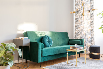 Stylish sunny decor of living room with design green velvet sofa, plants, design commode,...