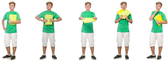 Young student with notes isolated on white 