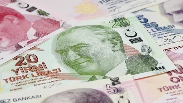 Turkey lira notes slow rotating. Turkish money, currency. Low angle. Stock video footage.