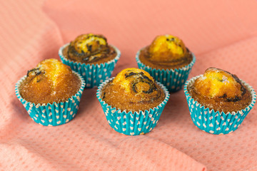 Homemade baked cakes with chocolate on colorful background. Food photo, dessert, sugar concept