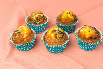 Homemade baked cakes with chocolate on colorful background. Food photo, dessert, sugar concept