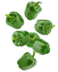 Falling sweet green pepper, paprika, isolated on white background, clipping path, full depth of...