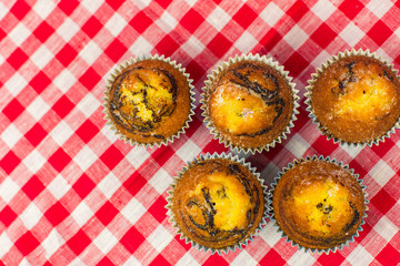 Homemade baked cakes with chocolate on colorful background. Food photo, dessert, sugar concept