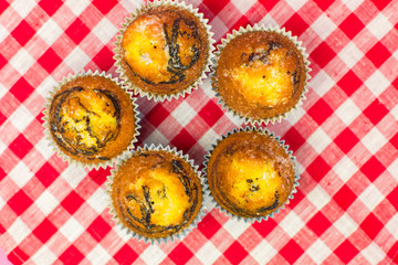 Homemade baked cakes with chocolate on colorful background. Food photo, dessert, sugar concept