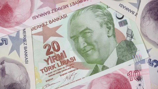 Various turkey lira notes slow rotating. Turkish money, currency. 4K stock video footage.