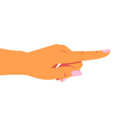 female hand points to right with her index finger at something. Vector illustration isolated from white background