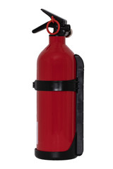 Naklejka premium Fire extinguisher. Close-up of a small red fire extinguisher with wall mount isolated on a white background. Home savety. Macro