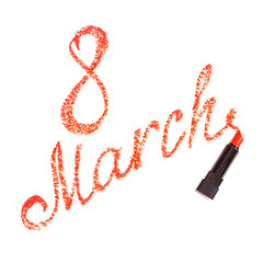 Red lipstick March 8. Happy Women's Day. Flatlay.