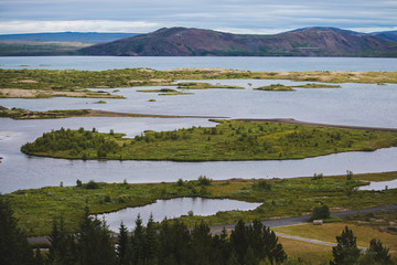 River near mountains Tingvallir Iceland where the first parliament settled