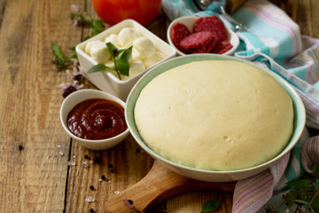 Pizza cooking. Food ingredients and spices for cooking Traditional delicious italian pizza. Copy space.