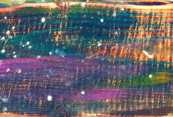 Graphic resource, free space. Abstract multi-colored background. Dabs of paints on wooden surface