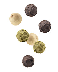 Falling green, white, black pepper, peppercorn, isolated on white background, clipping path, full...