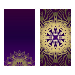 Ethnic Mandala Ornament. Templates With Mandalas. Vector Illustration For Congratulation Or Invitation. The Front And Rear Side. Romantic purple gold color
