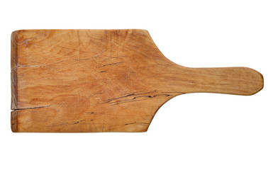 old, used, rustic wooden cutting board, isolated on white background