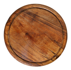 old, used, rustic wooden, round shape cutting board, isolated on white background