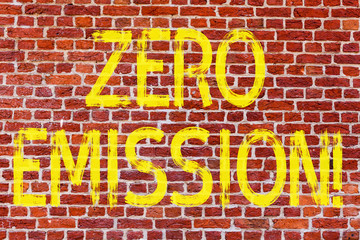 Obraz premium Writing note showing Zero Emission. Business photo showcasing Engine Motor Energy Source that emits no waste products Brick Wall art like Graffiti motivational call written on the wall